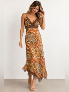 Paraphrase 100% Silk Paisley Beaded Boho Y2K Midi Dress Size 12